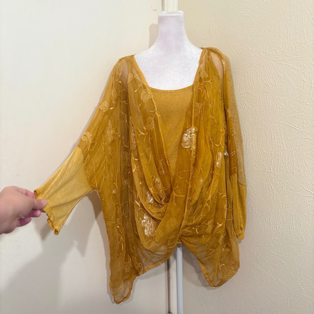 Yellow Silk Mohair Sheer Embroidered Sequin Draped Boho Rustic Sweater Blouse XL